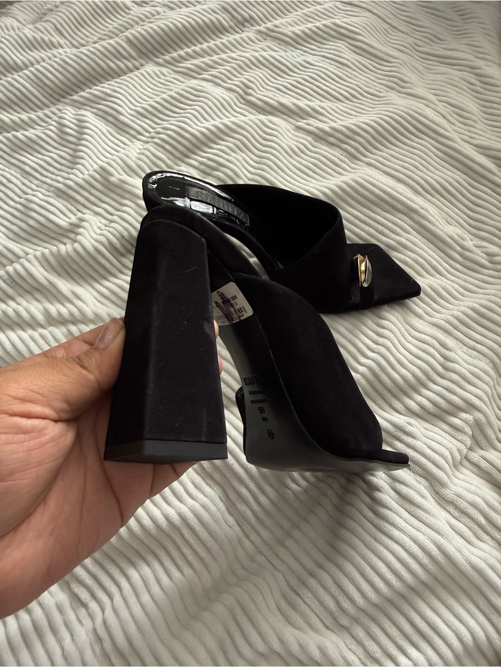 Women's Black Suede Heeled Mules with Gold Accent - Picture 7 of 7